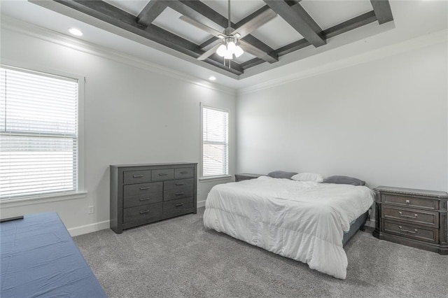 8908 NW 130th St, Oklahoma City, OK 73142 - bedroom featuring carpet floors, coffered ceiling, beamed ceiling, recessed lighting, and crown molding