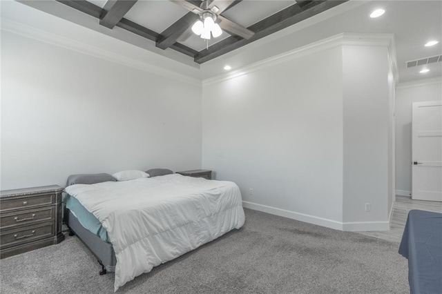 8908 NW 130th St, Oklahoma City, OK 73142 - carpeted bedroom with recessed lighting, ornamental molding, beamed ceiling, coffered ceiling, and ceiling fan