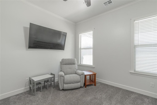 8908 NW 130th St, Oklahoma City, OK 73142 - sitting room with carpet flooring, crown molding, and a ceiling fan