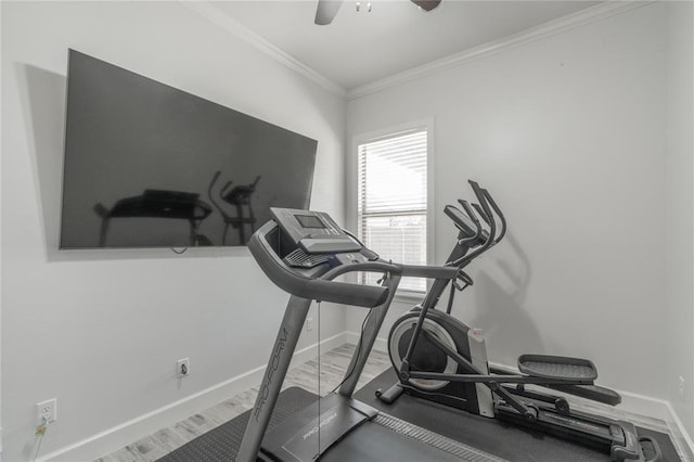 8908 NW 130th St, Oklahoma City, OK 73142 - exercise area with crown molding, wood finished floors, and a ceiling fan