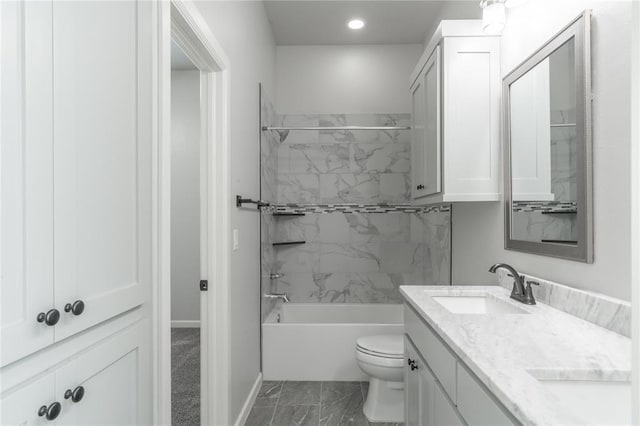 8908 NW 130th St, Oklahoma City, OK 73142 - bathroom with marble finish flooring, double vanity, shower / tub combination, and recessed lighting