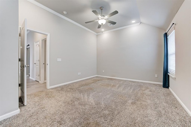 4213 NW 155th St, Edmond, OK 73013 - carpeted empty room featuring ceiling fan, ornamental molding, and lofted ceiling