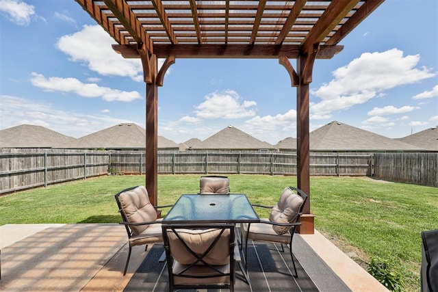 4213 NW 155th St, Edmond, OK 73013 - fenced backyard with a pergola, outdoor dining area, and a patio