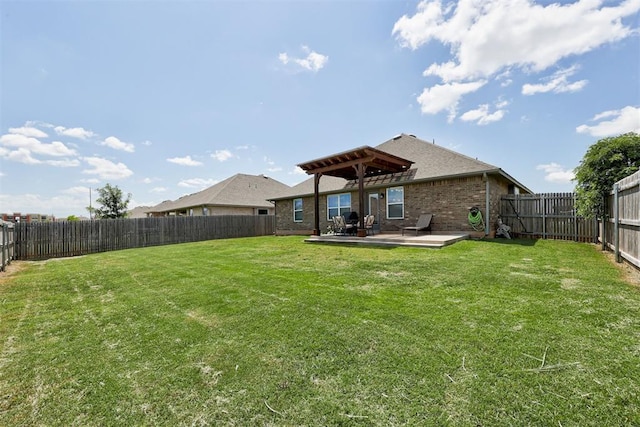 4213 NW 155th St, Edmond, OK 73013 - rear view of house with a pergola, brick siding, a fenced backyard, and a patio area
