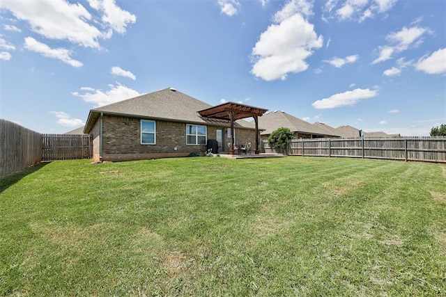4213 NW 155th St, Edmond, OK 73013 - rear view of property with a fenced backyard, brick siding, a pergola, and a patio