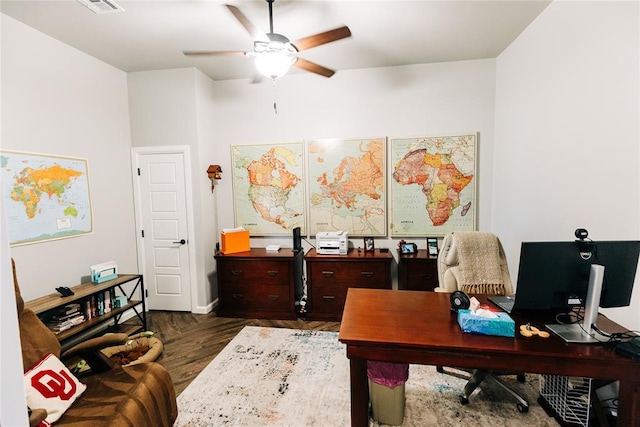 11501 SW 56th St, Mustang, OK 73064 - office with dark wood-style flooring and ceiling fan