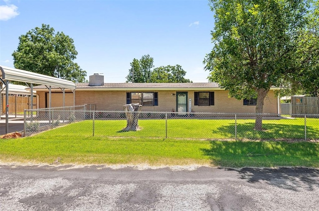 213 Meadowlark Ln, Fort Cobb, OK 73038 - ranch-style house featuring a chimney, brick siding, and a garage