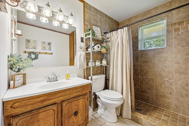 213 Meadowlark Ln, Fort Cobb, OK 73038 - full bath with vanity, a tile shower, tile patterned flooring, and tile walls
