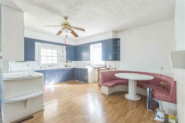 400 E Wagner Ave, Pauls Valley, OK 73075 - kitchen with open shelves, healthy amount of natural light, a ceiling fan, a textured ceiling, and light wood-style flooring
