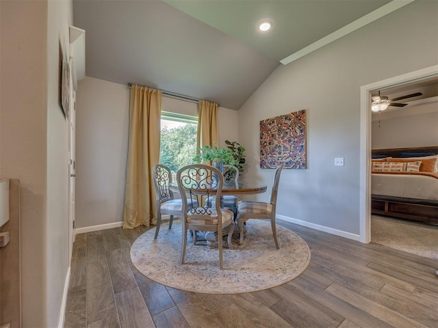 4116 Armstead Ave, Edmond, OK 73012 - dining space featuring lofted ceiling, wood finished floors, ceiling fan, and recessed lighting