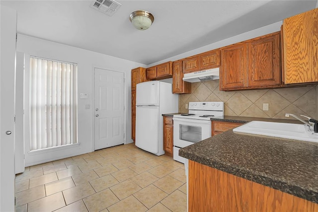 1501 N Wade St, Sayre, OK 73662 - kitchen featuring white appliances, under cabinet range hood, dark countertops, decorative backsplash, and brown cabinetry