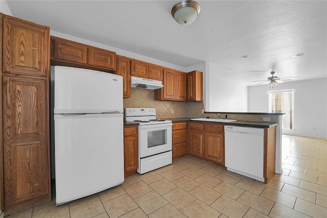 1501 N Wade St, Sayre, OK 73662 - kitchen featuring white appliances, under cabinet range hood, dark countertops, decorative backsplash, and light tile patterned floors