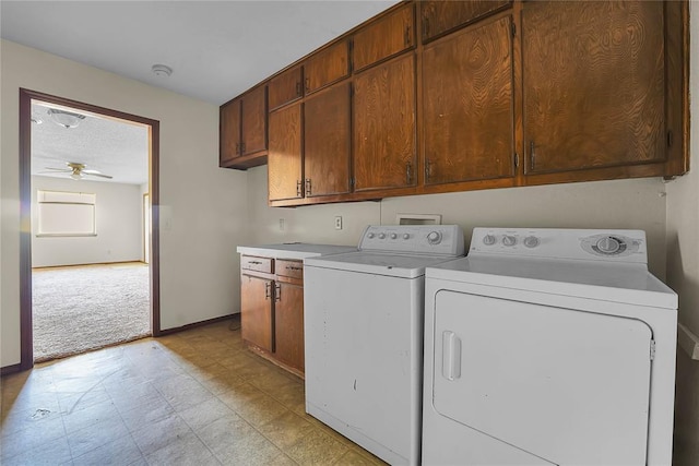 418 N Electra St, Sayre, OK 73662 - washroom featuring cabinet space, independent washer and dryer, a ceiling fan, and light colored carpet