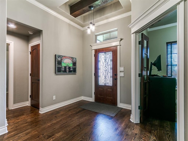 12105 SW 45th Ter, Mustang, OK 73064 - entrance foyer featuring dark wood-style flooring and ornamental molding