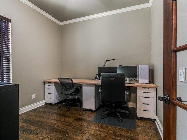 12105 SW 45th Ter, Mustang, OK 73064 - office area with ornamental molding and dark wood-style floors