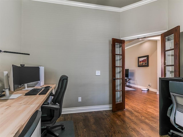 12105 SW 45th Ter, Mustang, OK 73064 - office area with french doors, wood finished floors, and crown molding