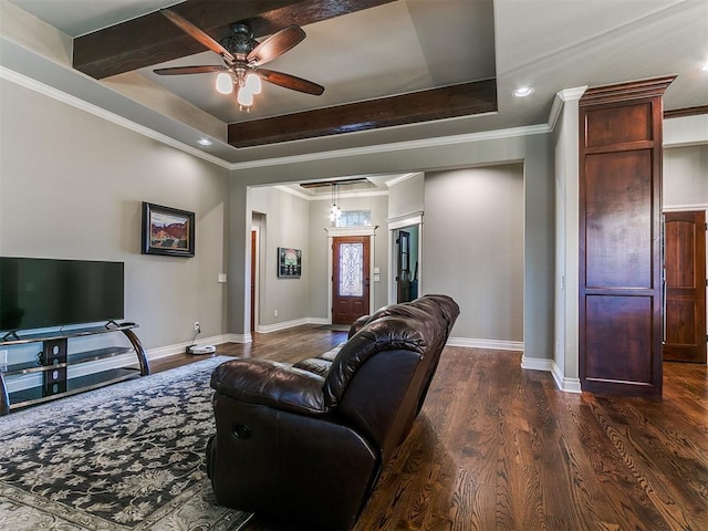 12105 SW 45th Ter, Mustang, OK 73064 - living area with ceiling fan, dark wood-type flooring, crown molding, a raised ceiling, and recessed lighting