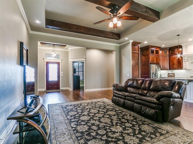 12105 SW 45th Ter, Mustang, OK 73064 - living area with dark wood finished floors, ceiling fan, ornamental molding, recessed lighting, and beam ceiling