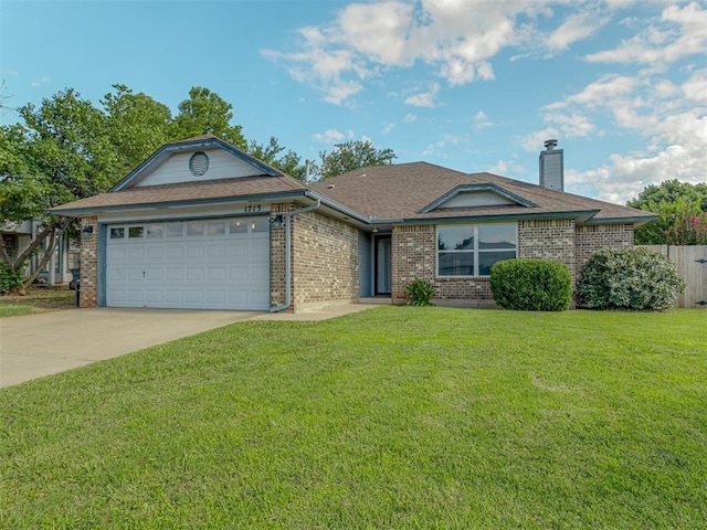 1713 SE 14th St, Moore, OK 73160 - ranch-style home with brick siding, driveway, a garage, a chimney, and a shingled roof