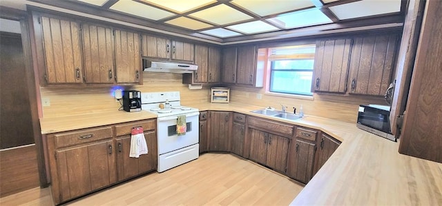 1117 Moose St, Yukon, OK 73099 - kitchen featuring white range with electric stovetop, under cabinet range hood, light countertops, stainless steel microwave, and tasteful backsplash