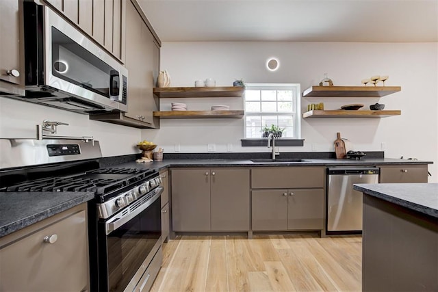 1432 NE Euclid St, Oklahoma City, OK 73117 - kitchen featuring stainless steel appliances, open shelves, dark countertops, and gray cabinets