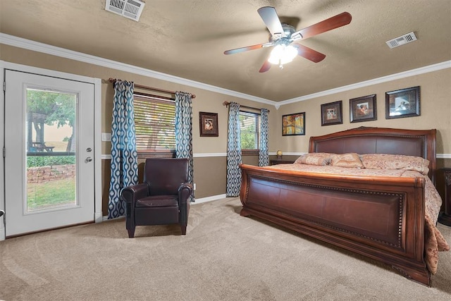 22117 E 1250th Rd, Rocky, OK 73661 - bedroom featuring carpet, access to outside, ornamental molding, a ceiling fan, and a textured ceiling