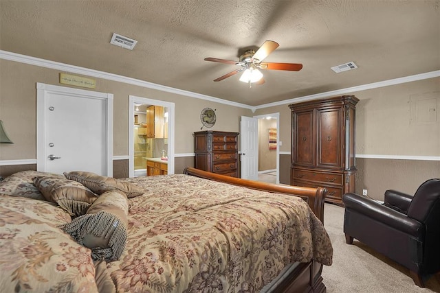22117 E 1250th Rd, Rocky, OK 73661 - bedroom featuring light carpet, crown molding, ensuite bathroom, a textured ceiling, and ceiling fan