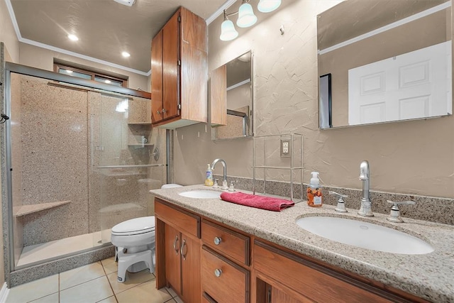 22117 E 1250th Rd, Rocky, OK 73661 - bathroom with double vanity, a stall shower, tile patterned floors, and ornamental molding
