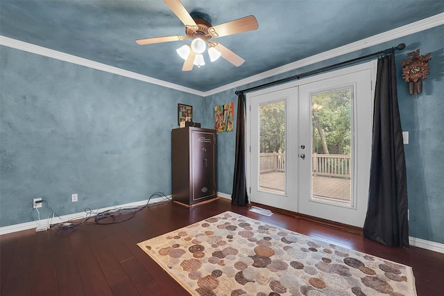22117 E 1250th Rd, Rocky, OK 73661 - spare room featuring french doors, hardwood / wood-style flooring, ceiling fan, and crown molding