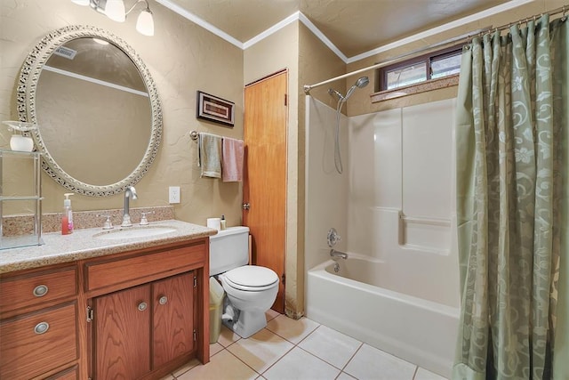 22117 E 1250th Rd, Rocky, OK 73661 - bathroom featuring ornamental molding, tile patterned floors, shower / tub combo with curtain, a textured wall, and vanity