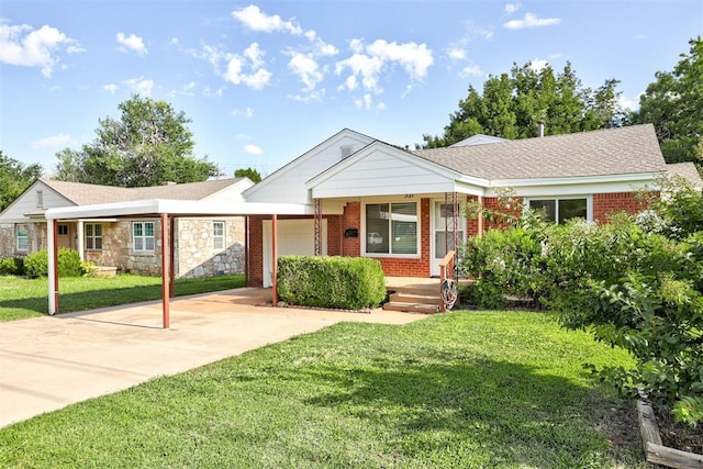 521 NW 50th St, Oklahoma City, OK 73118 - ranch-style house featuring a front yard, brick siding, concrete driveway, a porch, and roof with shingles