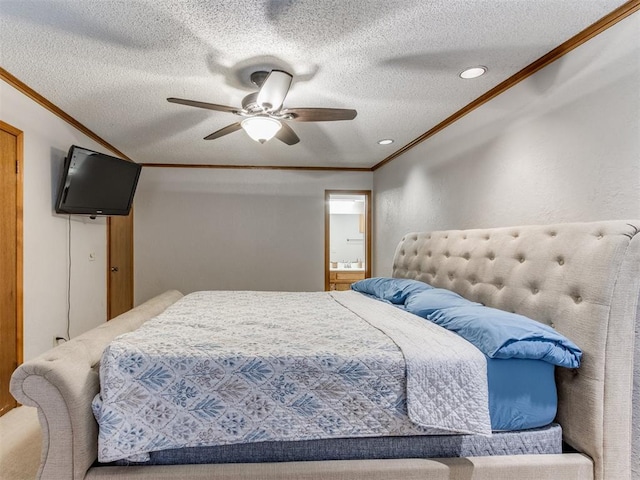 700 S Willowood Dr, Yukon, OK 73099 - bedroom featuring ornamental molding, a textured ceiling, ceiling fan, and recessed lighting