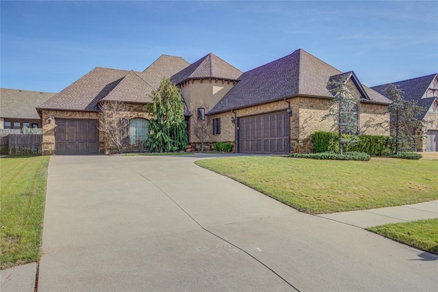 9020 NW 147th Ter, Yukon, OK 73099 - french provincial home with an attached garage, driveway, a front lawn, and brick siding