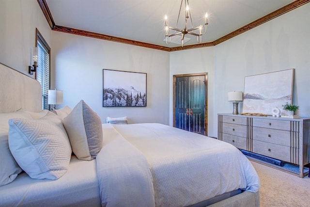 9020 NW 147th Ter, Yukon, OK 73099 - bedroom with ornamental molding, a chandelier, and carpet floors