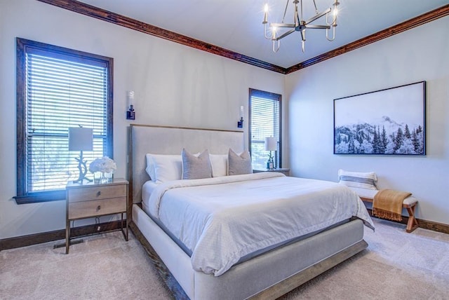 9020 NW 147th Ter, Yukon, OK 73099 - carpeted bedroom featuring crown molding, a chandelier, and multiple windows