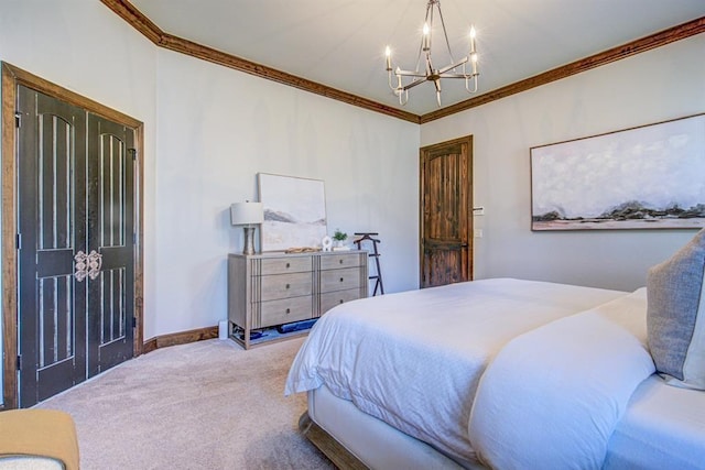 9020 NW 147th Ter, Yukon, OK 73099 - carpeted bedroom featuring a chandelier and ornamental molding