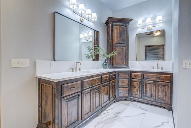9020 NW 147th Ter, Yukon, OK 73099 - full bathroom featuring marble look tiles and double vanity