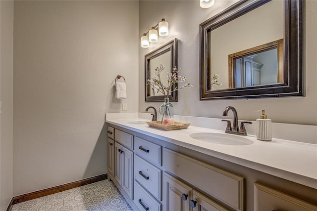 9020 NW 147th Ter, Yukon, OK 73099 - bathroom featuring double vanity and baseboards