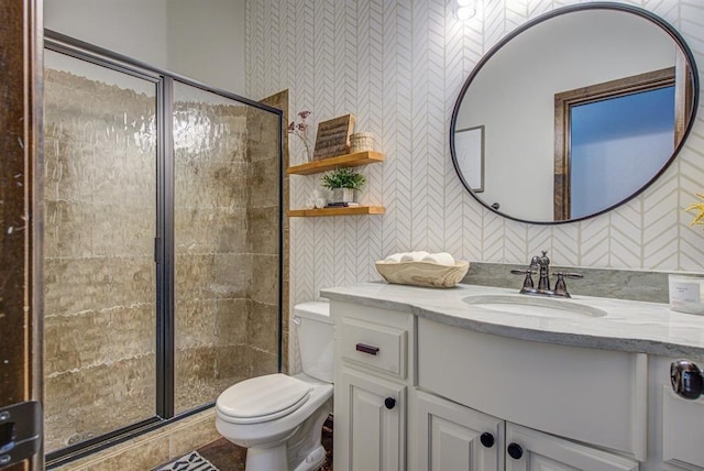9020 NW 147th Ter, Yukon, OK 73099 - full bath with vanity, a stall shower, and wallpapered walls