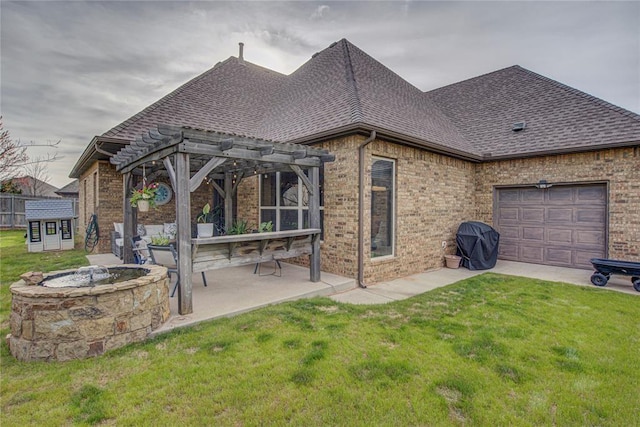 9020 NW 147th Ter, Yukon, OK 73099 - rear view of property with roof with shingles, a pergola, brick siding, and a yard