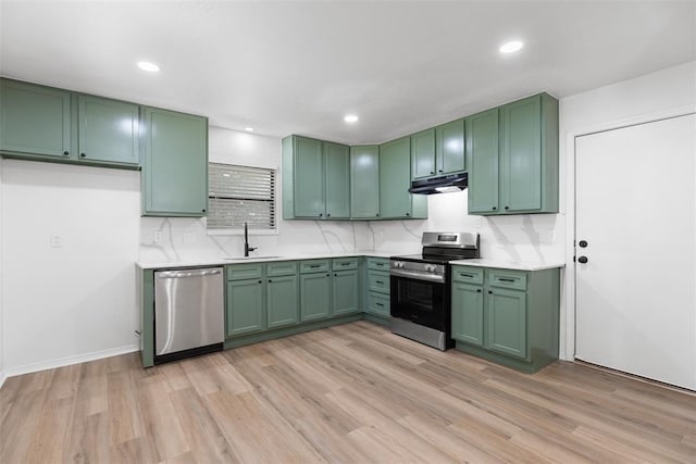 9617 Georgia Ave, Oklahoma City, OK 73120 - kitchen with stainless steel appliances, green cabinets, light countertops, light wood-style flooring, and recessed lighting