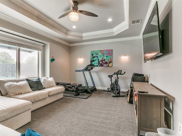 7032 NW 159th Pl, Edmond, OK 73013 - exercise area with a raised ceiling, a ceiling fan, carpet, and crown molding