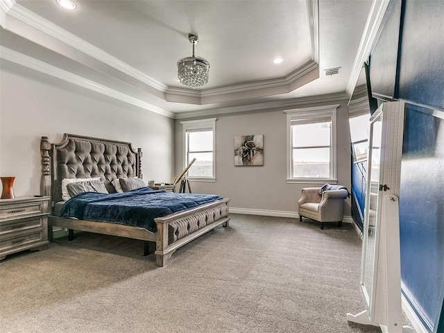7032 NW 159th Pl, Edmond, OK 73013 - carpeted bedroom with ornamental molding, a raised ceiling, and recessed lighting