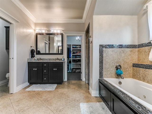 7032 NW 159th Pl, Edmond, OK 73013 - bathroom featuring a jetted tub, double vanity, ornamental molding, tile patterned flooring, and a spacious closet