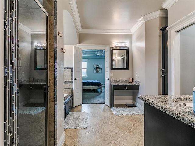 7032 NW 159th Pl, Edmond, OK 73013 - bathroom with vanity, crown molding, ensuite bath, a stall shower, and tile patterned flooring