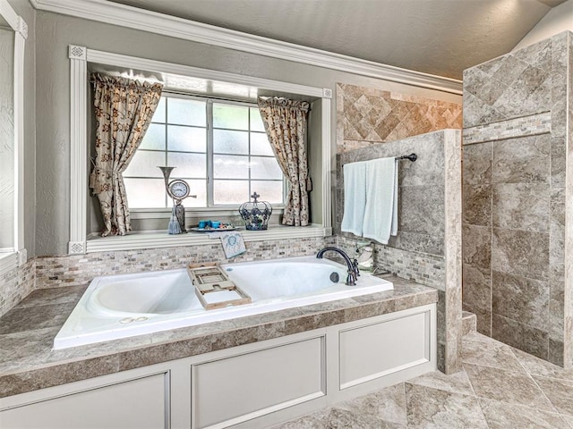 117 S Lexington Way, Edmond, OK 73012 - full bathroom featuring crown molding, a garden tub, and tiled shower