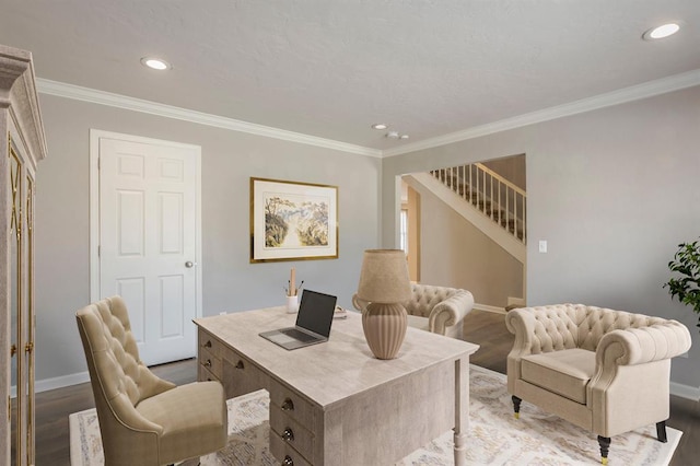 10900 Rock Ridge Rd, Oklahoma City, OK 73120 - home office featuring wood finished floors, recessed lighting, and crown molding
