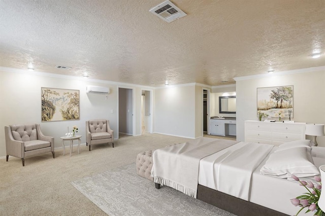 10900 Rock Ridge Rd, Oklahoma City, OK 73120 - carpeted bedroom featuring an AC wall unit, crown molding, a textured ceiling, and ensuite bathroom