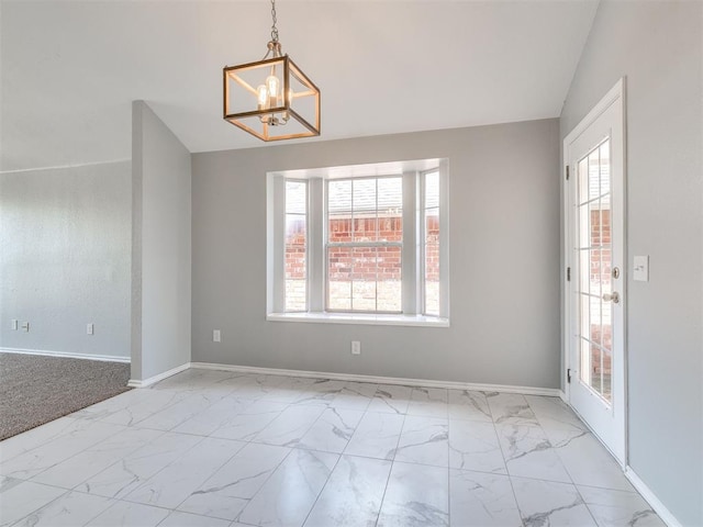 4917 SE 89th Ter, Oklahoma City, OK 73135 - unfurnished dining area with a chandelier, light marble finish flooring, plenty of natural light, and vaulted ceiling