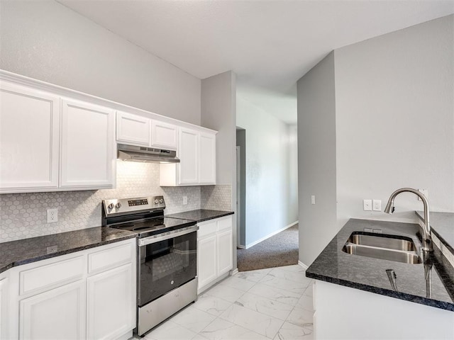 4917 SE 89th Ter, Oklahoma City, OK 73135 - kitchen featuring stainless steel electric range oven, under cabinet range hood, light marble finish floors, white cabinets, and dark stone countertops